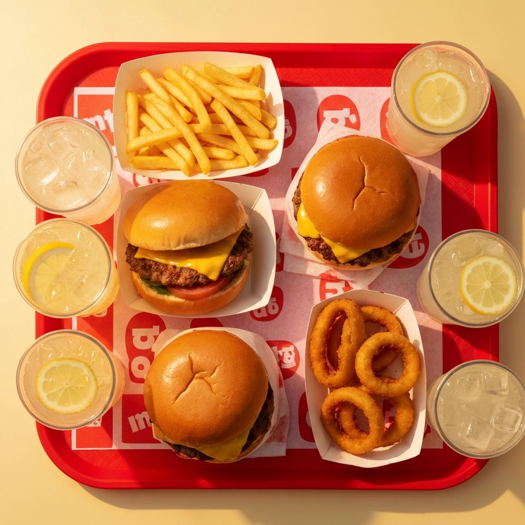 An overhead view of a family meal combo with burgers, fries and lemonade drinks on a red tray