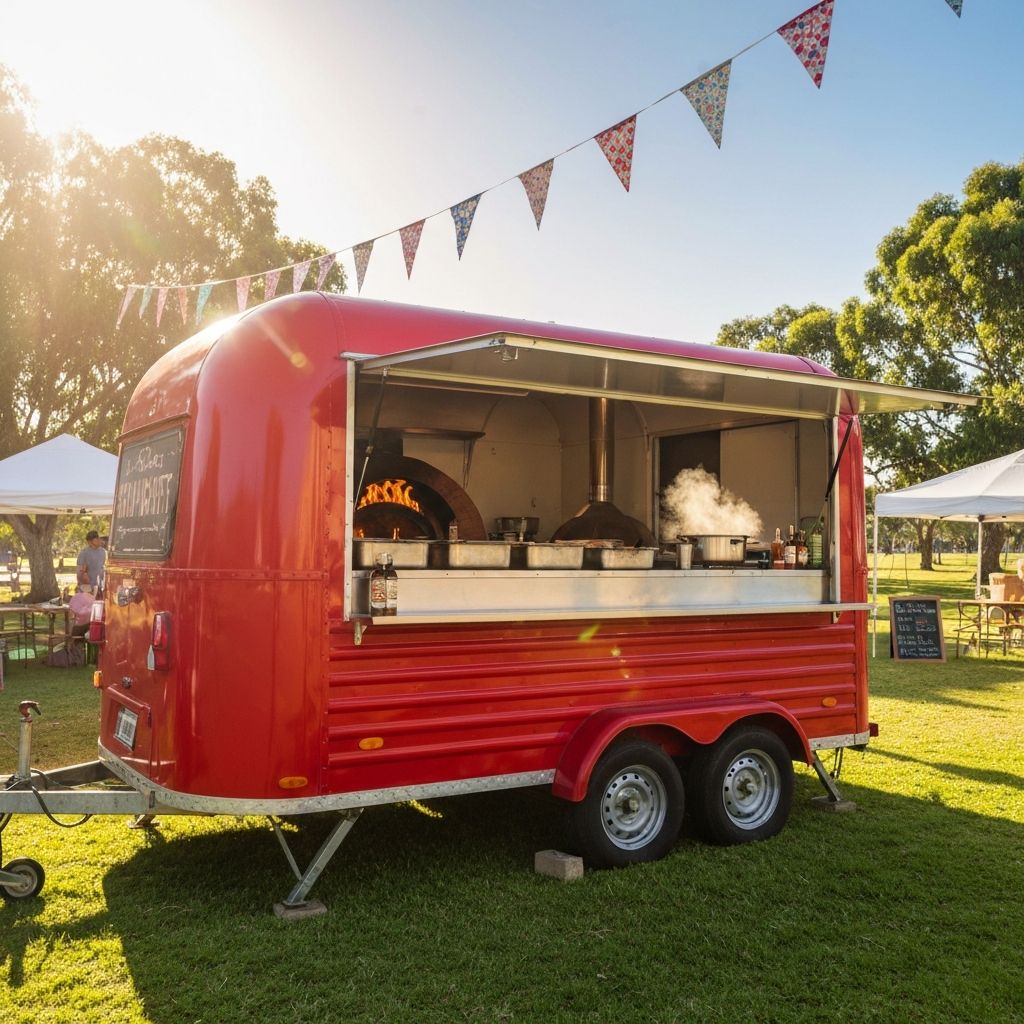 Red Trailer Shakeups food trailer set up at an outdoor community event in Queensland sunshine