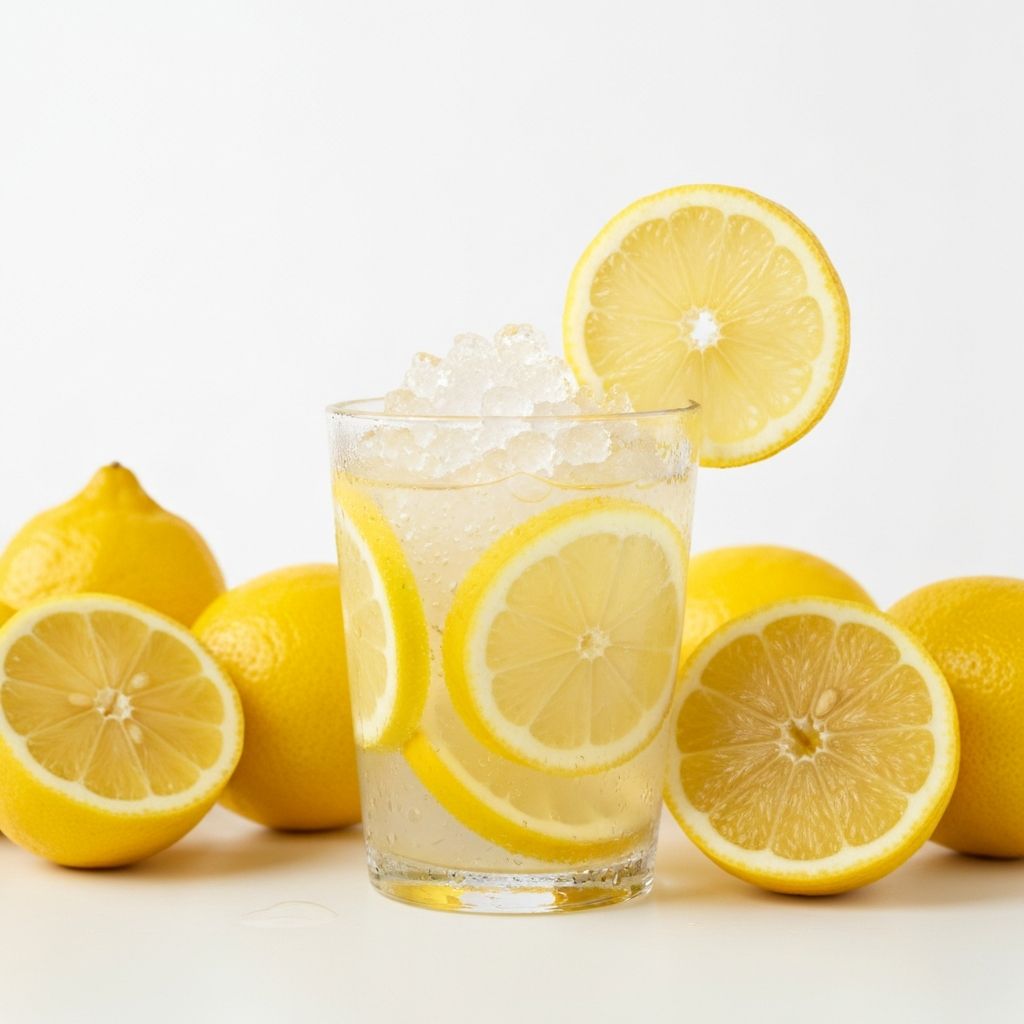 A fresh handmade lemonade shake-up in a clear cup with ice and lemon slices