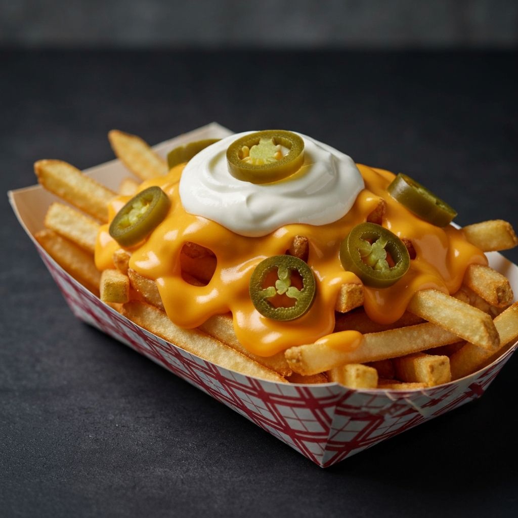 Loaded chilli cheese fries overflowing with melted cheese sauce and jalapeño slices in a red paper boat