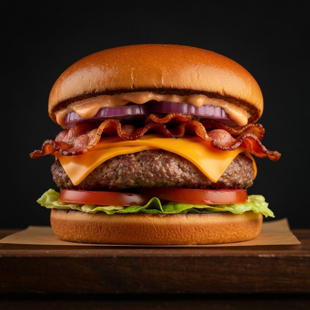 A towering gourmet Bacon Boss Burger with crispy bacon, melted cheese and fresh toppings on a brioche bun